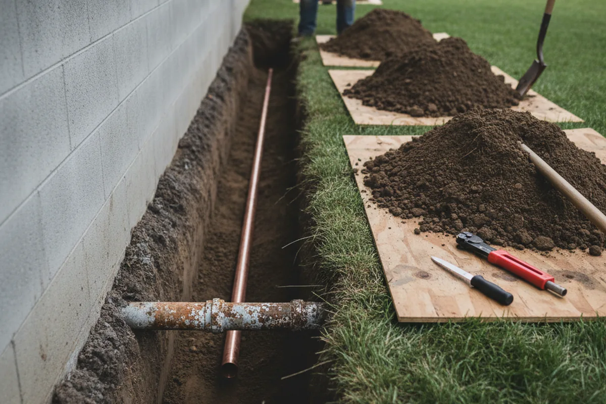 Excavated water line trench during Water Softener Installation in Brookshire